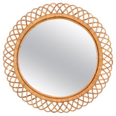 Mid-Century Rattan and Wicker Round Mirror by Franco Albini, Italy 1970s