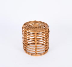 Mid-Century Rattan and Wicker Round Pouf Stool by Tito Agnoli, Italy, 1970s