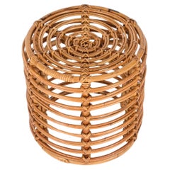 Mid-Century Rattan and Wicker Round Pouf Stool by Tito Agnoli, Italy, 1970s