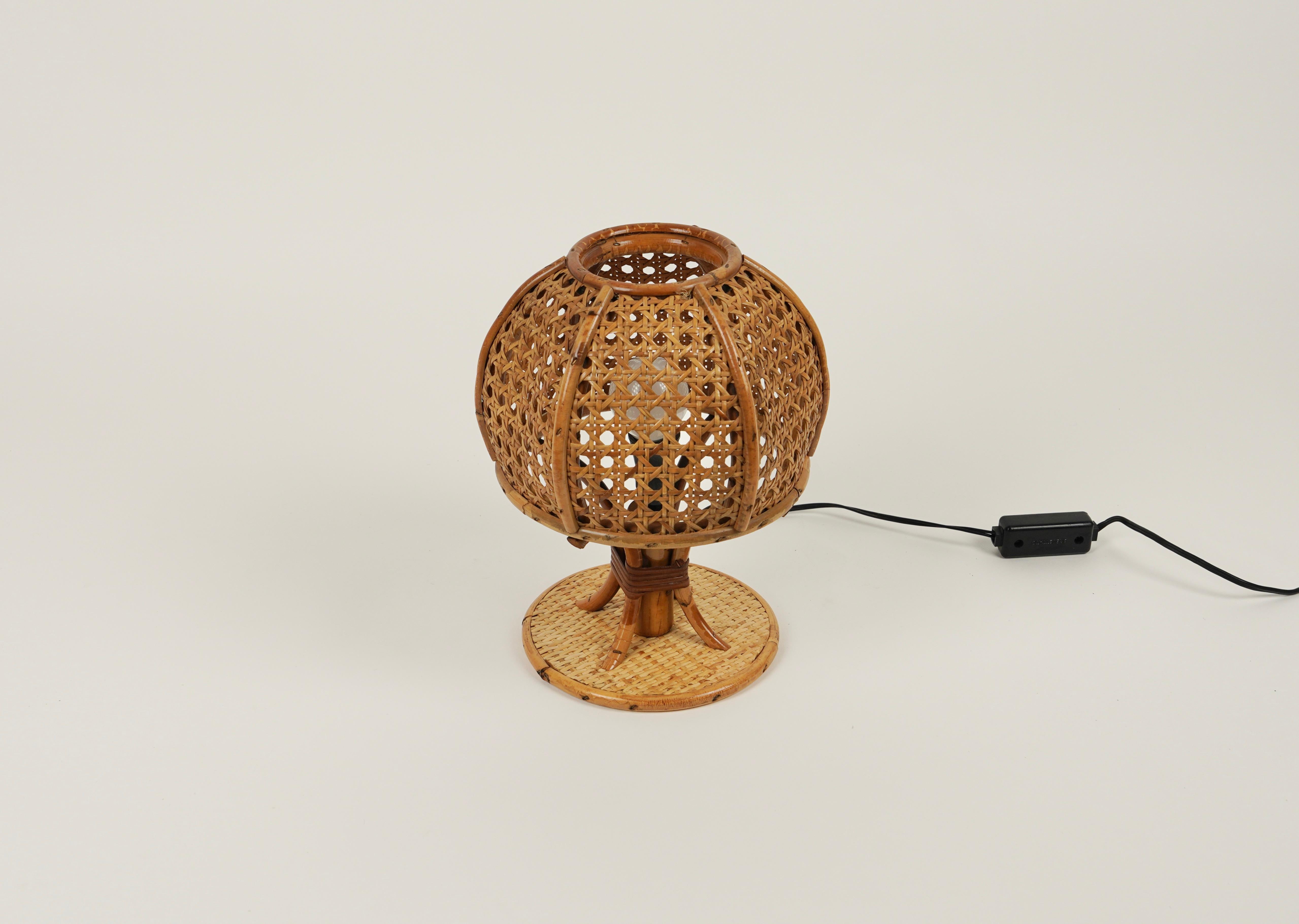 Bamboo Midcentury Rattan and Wicker Table Lamp Louis Sognot Style, Italy, circa 1970s For Sale