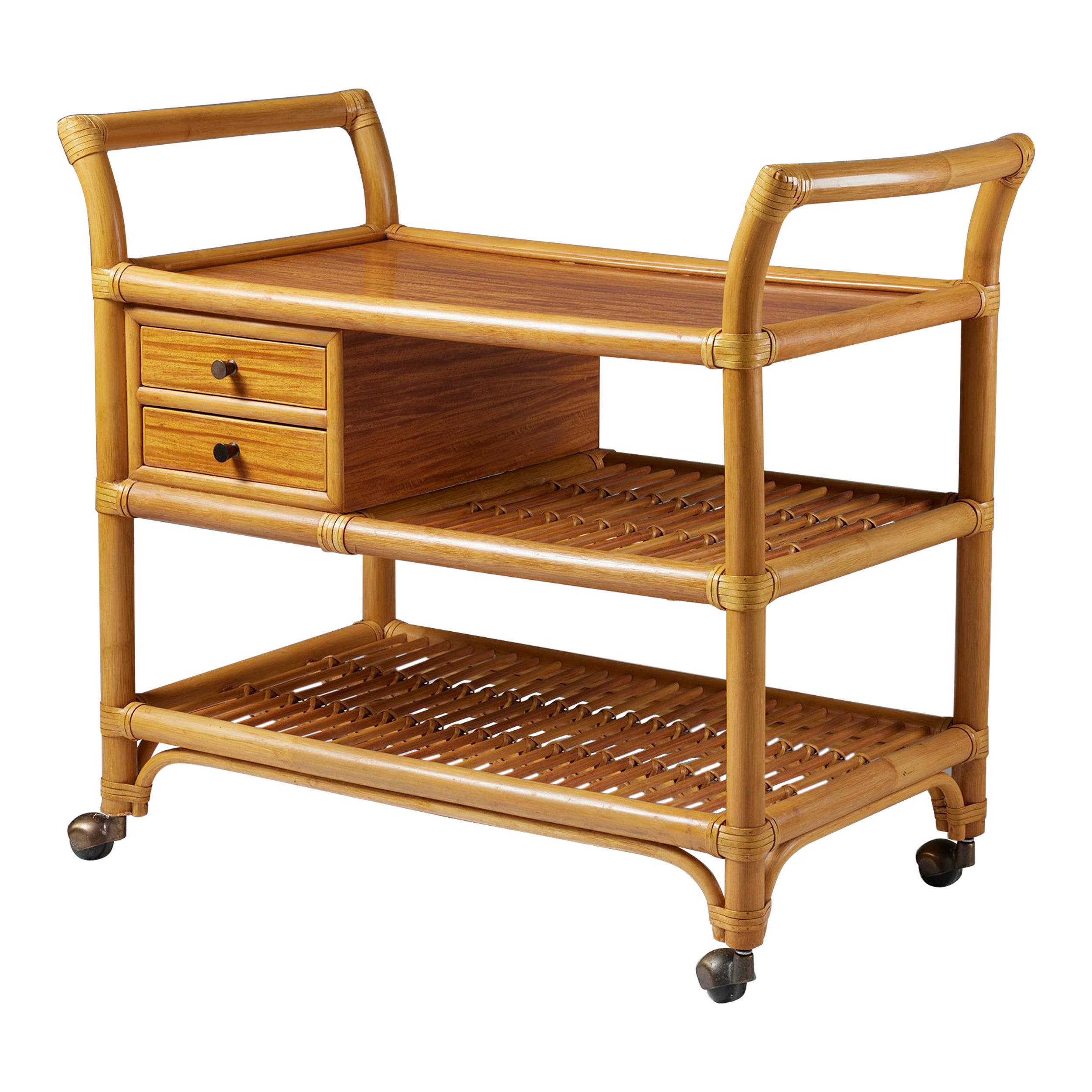 Chariot de bar en rotin et Wood du milieu du siècle - Design/One, années 1950