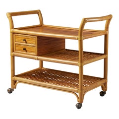 Mid-Century Rattan and Wood Bar Cart – Scandinavian Design, 1950s