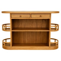 Mid-Century Rattan and Wood Dry Bar with Gallery Shelves and Two Drawers — Boho