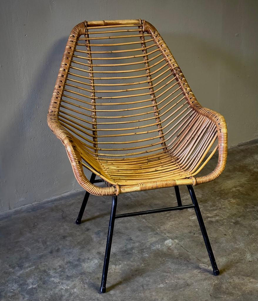 French Mid Century Rattan Armchair with Metal Base from France For Sale