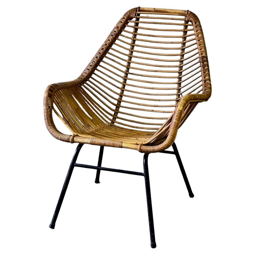 Mid Century Rattan Armchair with Metal Base from France For Sale