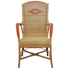 Midcentury Rattan Armchair Woven Wicker Chair French, circa 1960