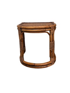 Mid-Century Rattan & Bamboo Accent Table with Woven Wicker Top, Bohemian Style.