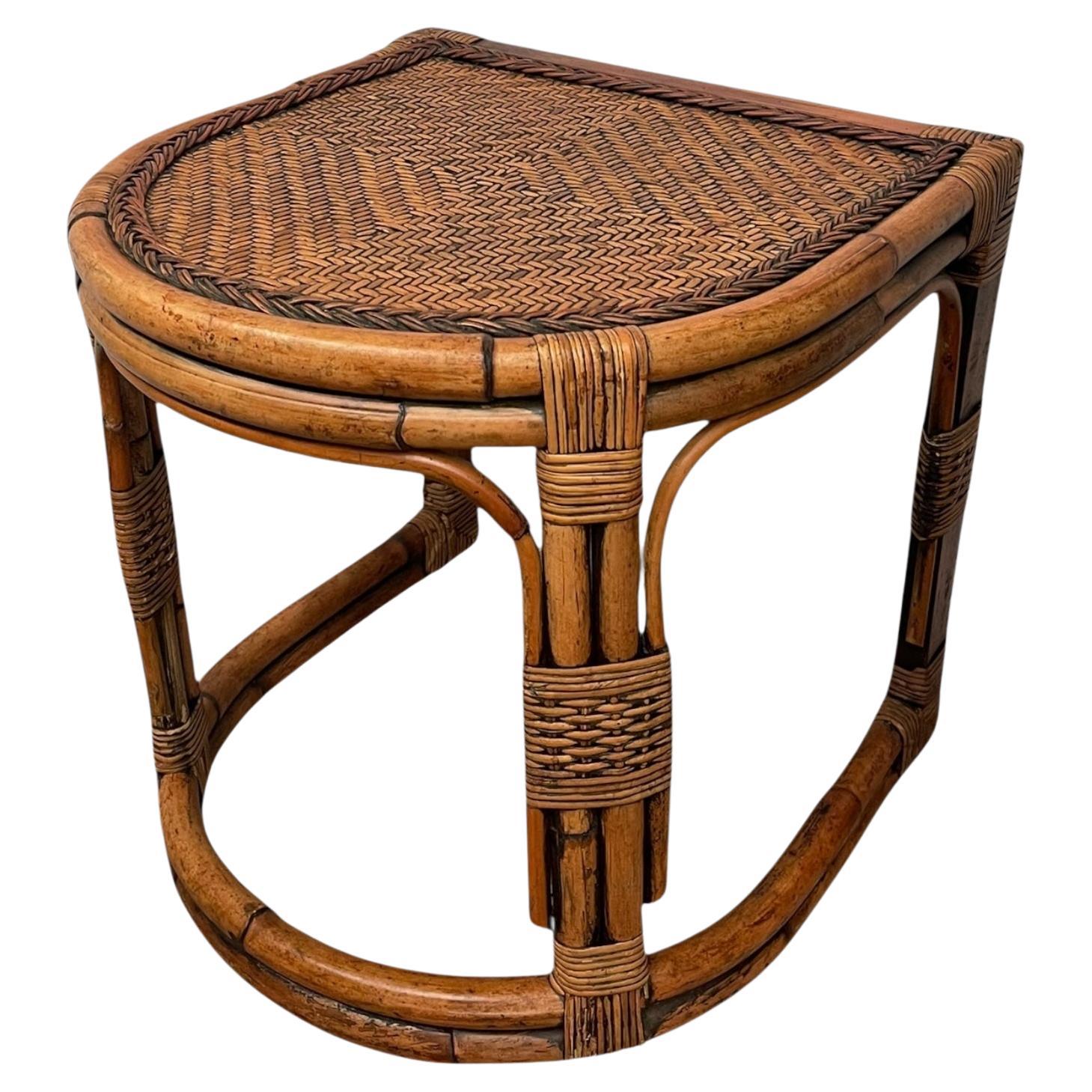 Mid-Century Rattan & Bamboo Accent Table with Woven Wicker Top, Bohemian Style.