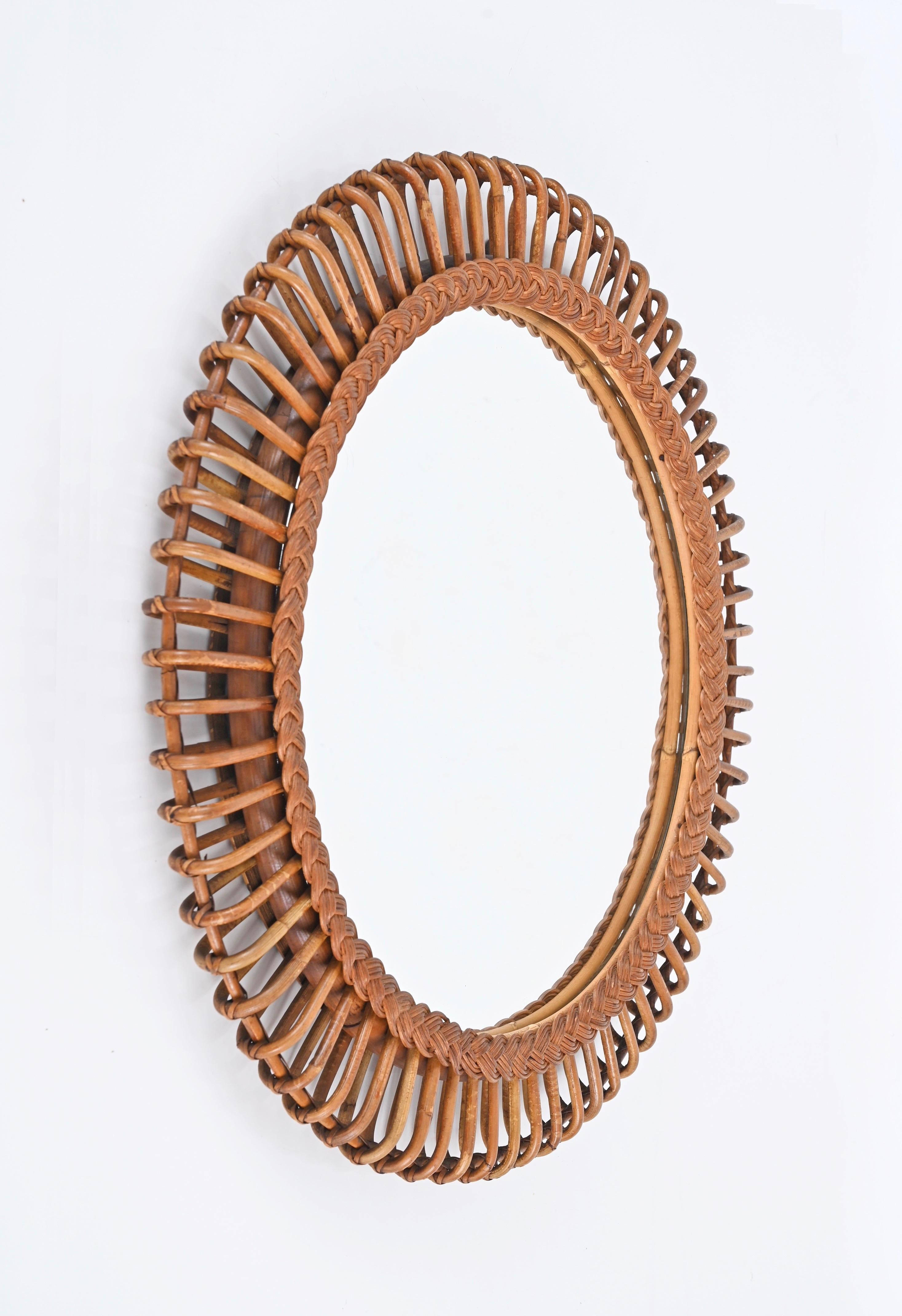 Hand-Woven Mid-Century Rattan, Bamboo and Wicker Italian Round Mirror, 1960s