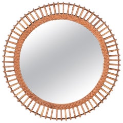 Mid-Century Rattan, Bamboo and Wicker Italian Round Mirror, 1960s
