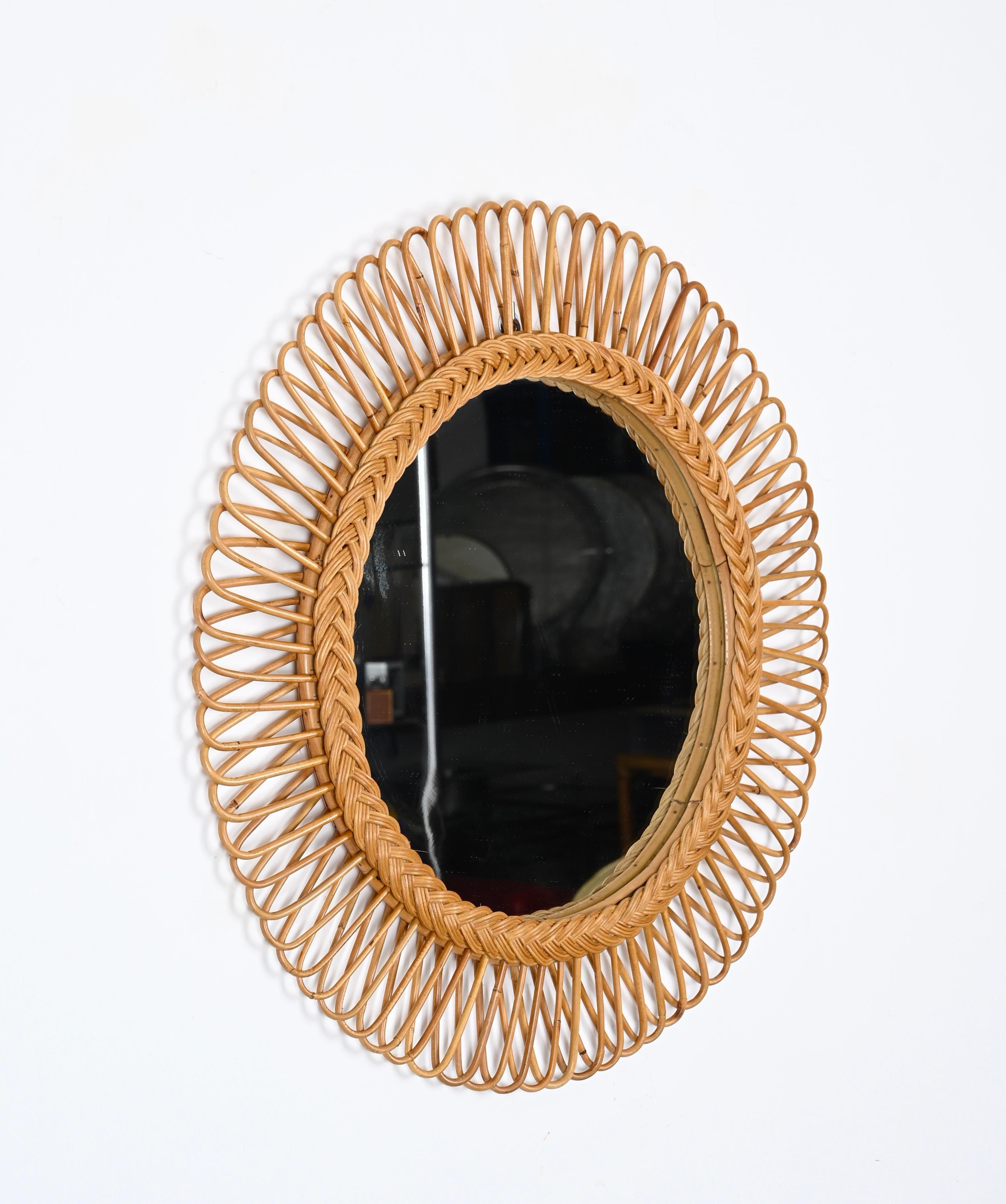 Mid-Century Rattan, Bamboo and Wicker Italian Round Mirror, Franco Albini 1970s For Sale 4