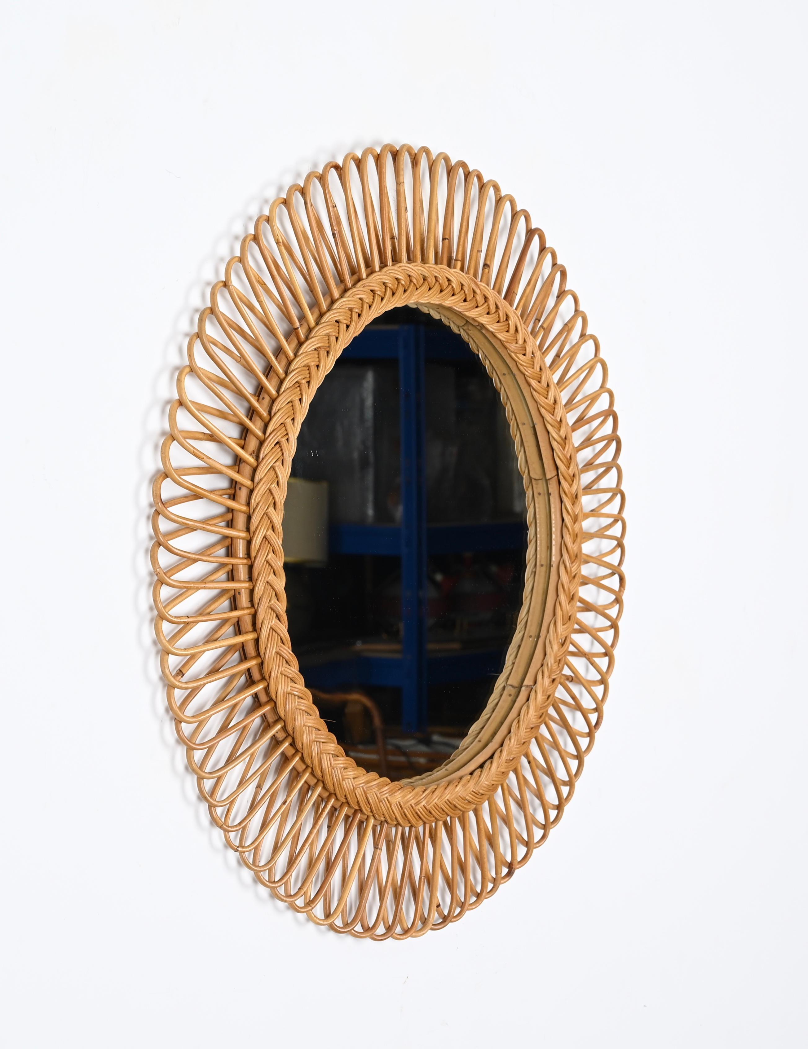 Mid-Century Rattan, Bamboo and Wicker Italian Round Mirror, Franco Albini 1970s For Sale 5