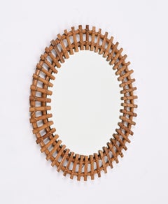 Mid-Century Rattan, Bamboo and Wicker Italian Round Mirror, Franco Albini, 1970s