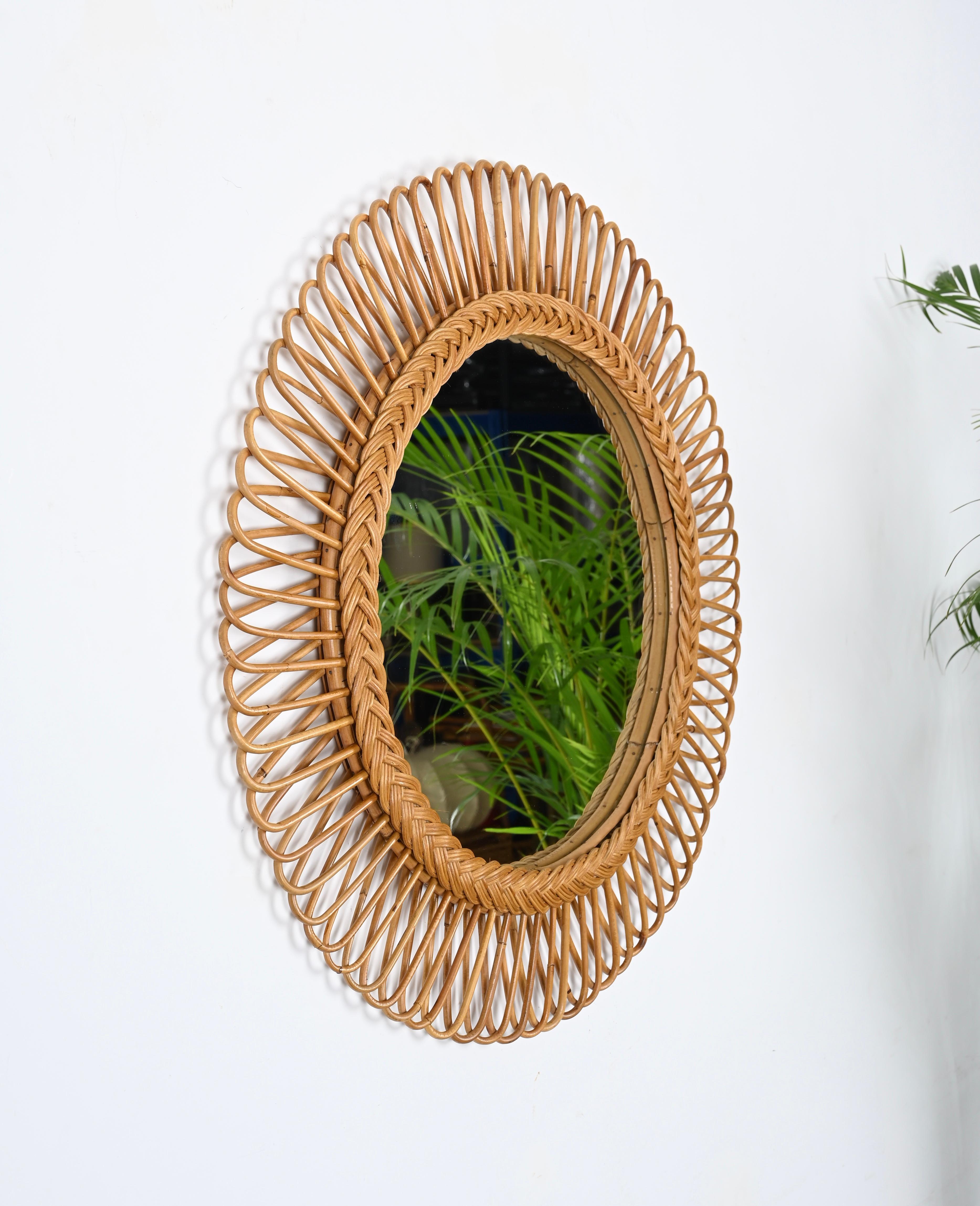 Hand-Woven Mid-Century Rattan, Bamboo and Wicker Italian Round Mirror, Franco Albini 1970s For Sale