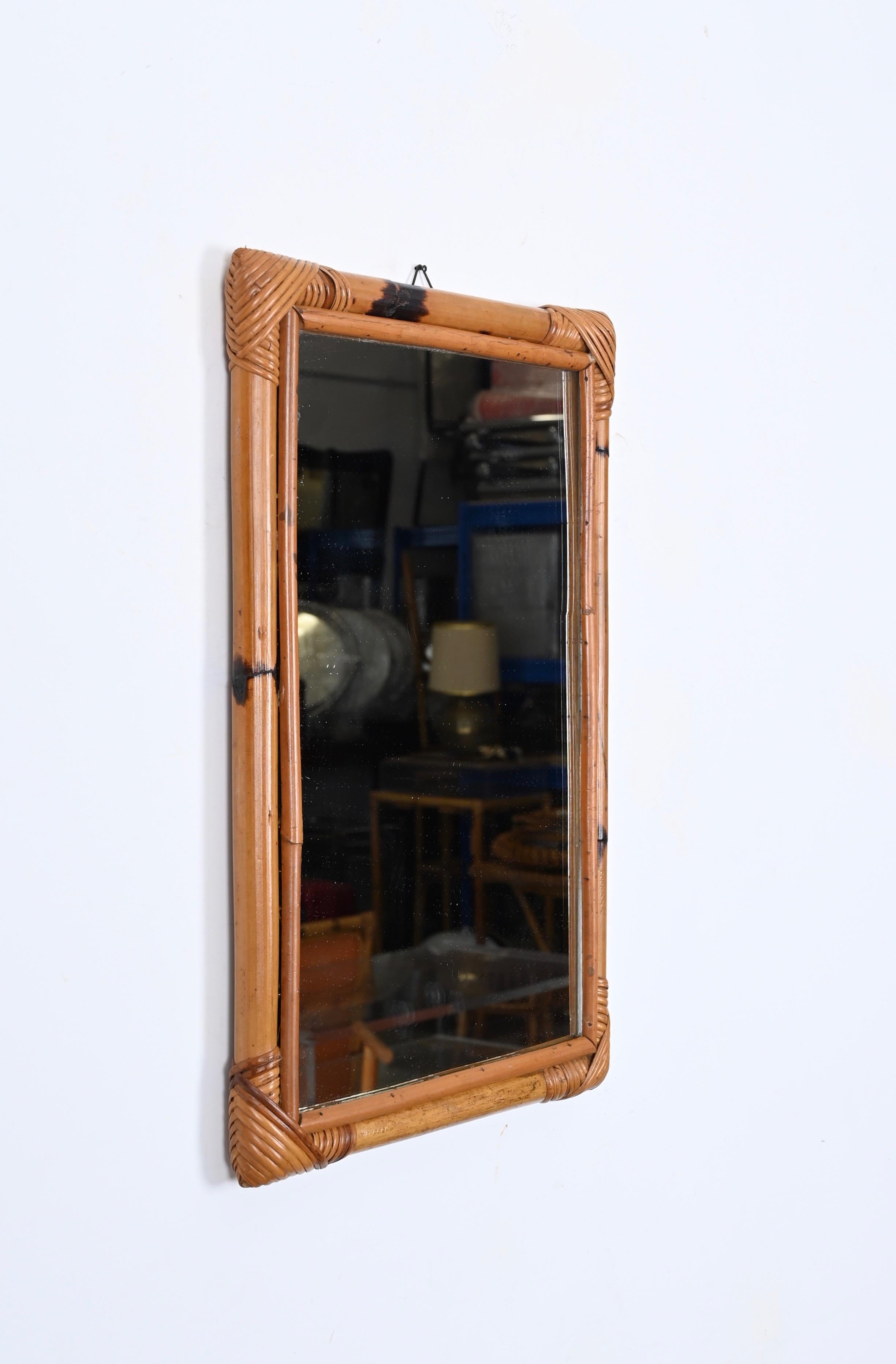 Mid-Century Rattan, Bamboo and Wicker Rectangular Mirror, Italy 1970s For Sale 1