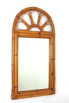 Spanish Mid-Century Rattan Bamboo Arched Wall Mirror / Console Mirror
