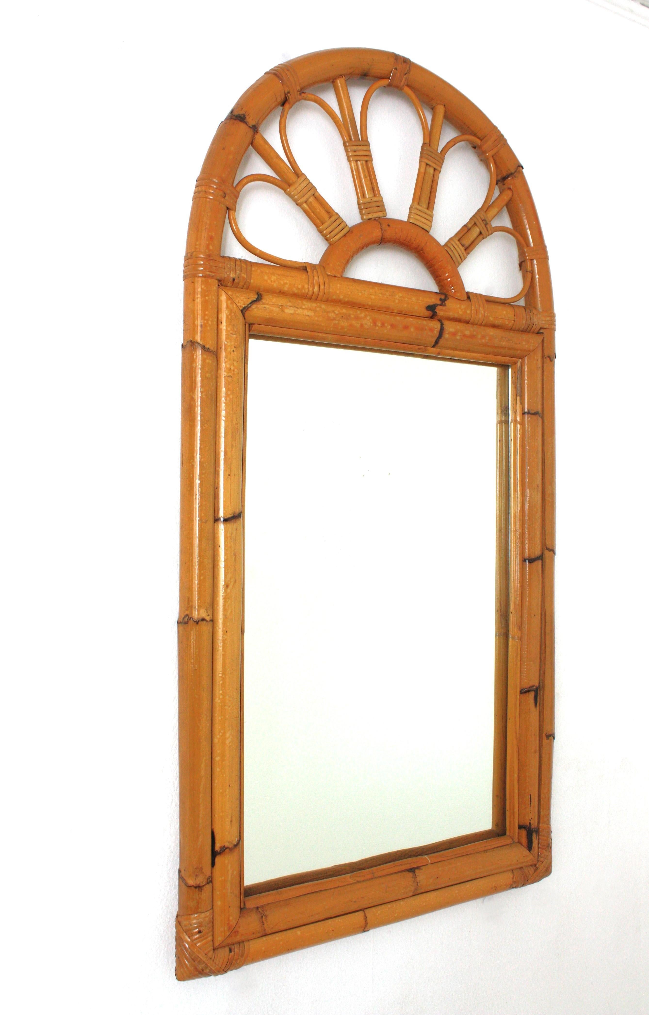 Mid-Century Modern Mid-Century Rattan Bamboo Arched Wall Mirror  For Sale