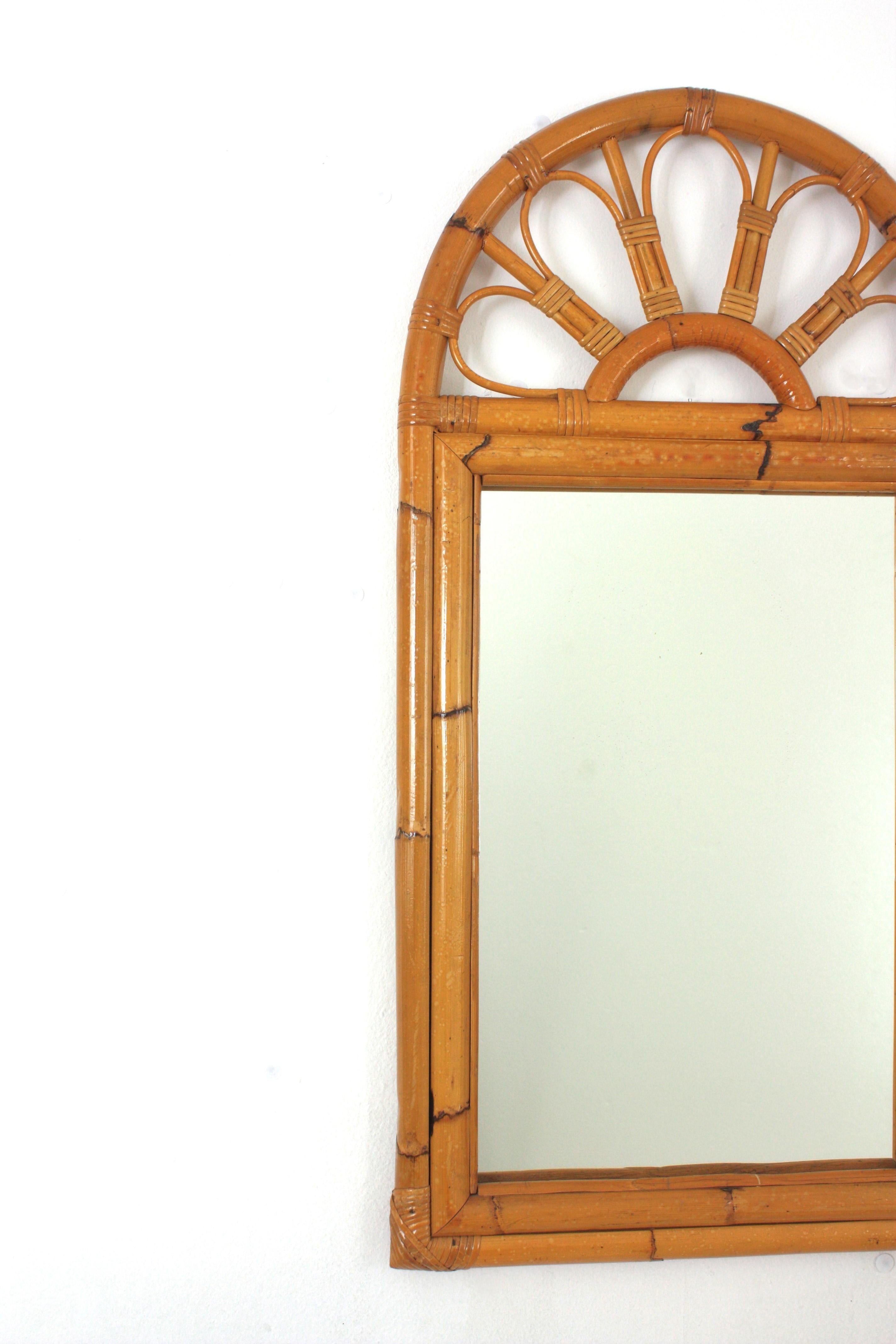 Spanish Mid-Century Rattan Bamboo Arched Wall Mirror  For Sale