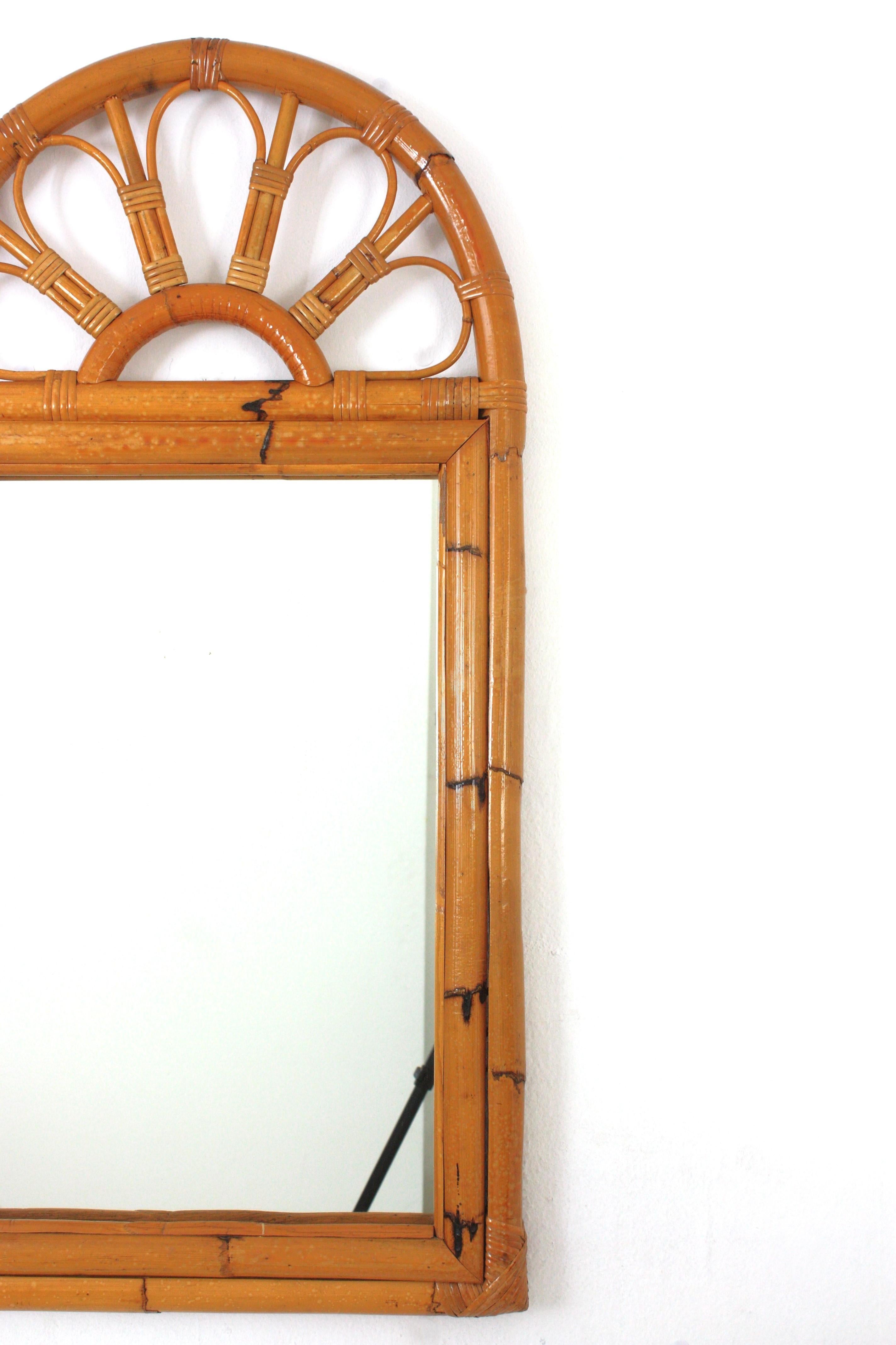 Hand-Crafted Mid-Century Rattan Bamboo Arched Wall Mirror  For Sale