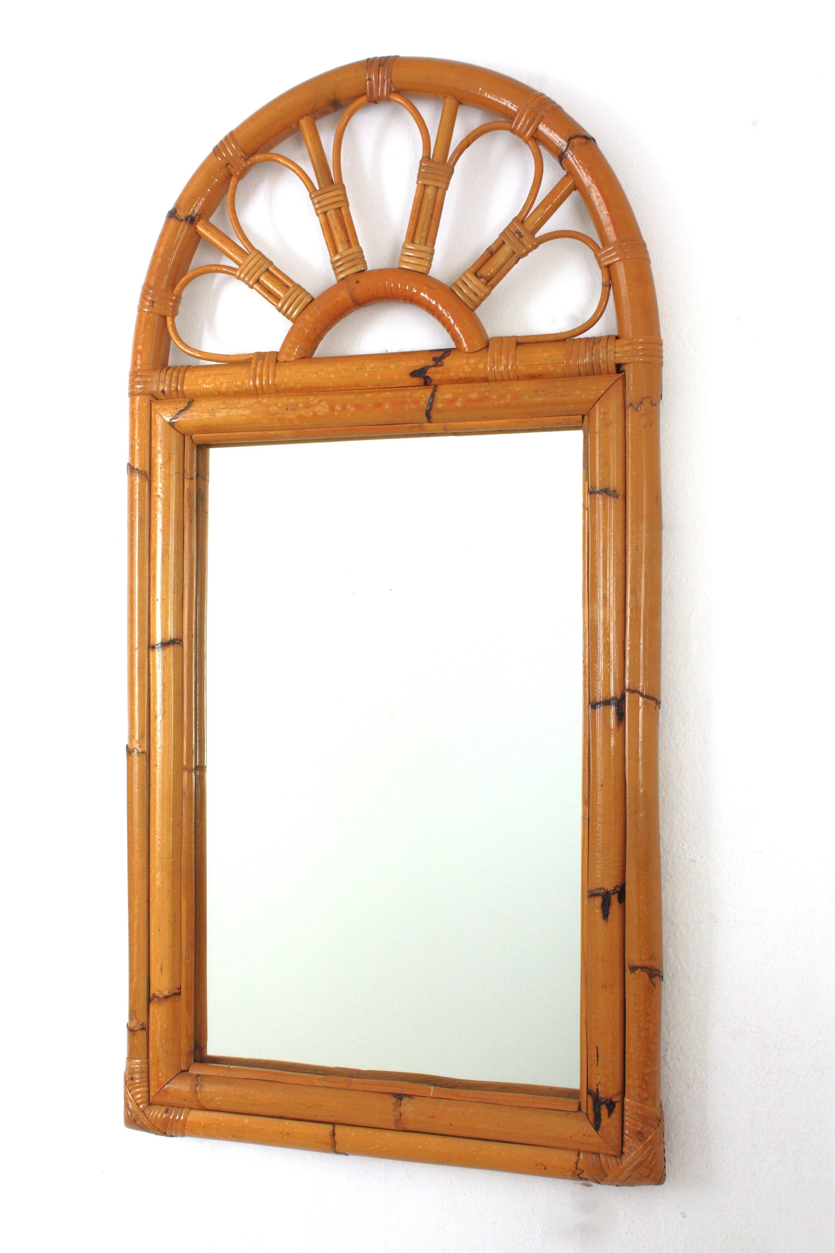 20th Century Mid-Century Rattan Bamboo Arched Wall Mirror  For Sale