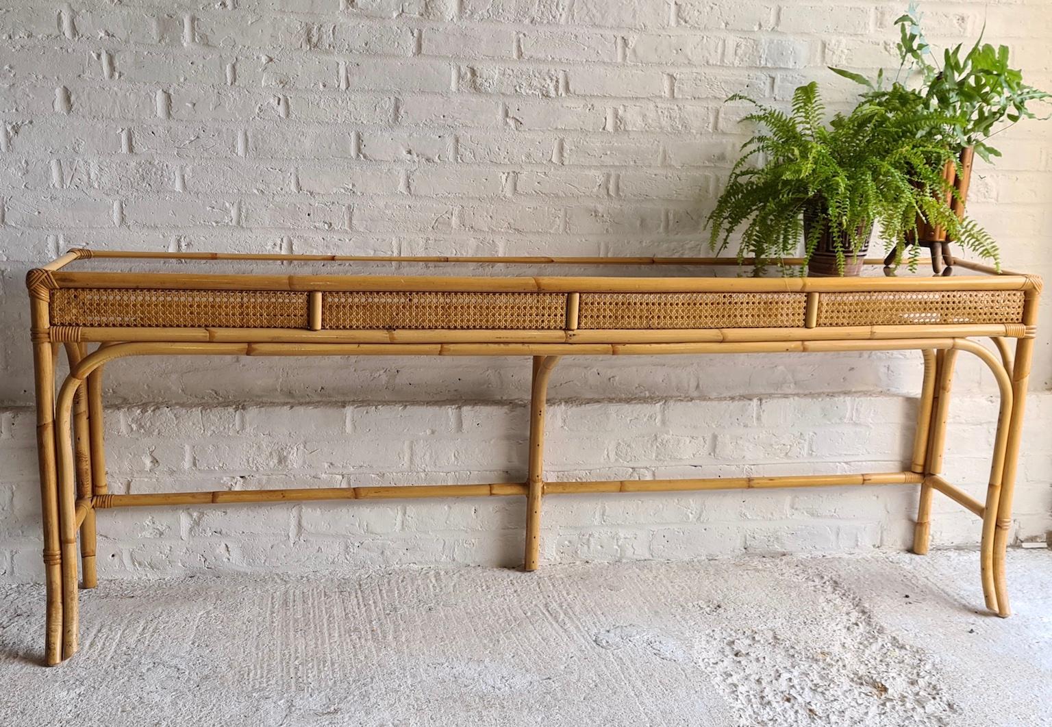 Mid Century Rattan and Bamboo Console Table with Glass Top, Italian, 1970s 5