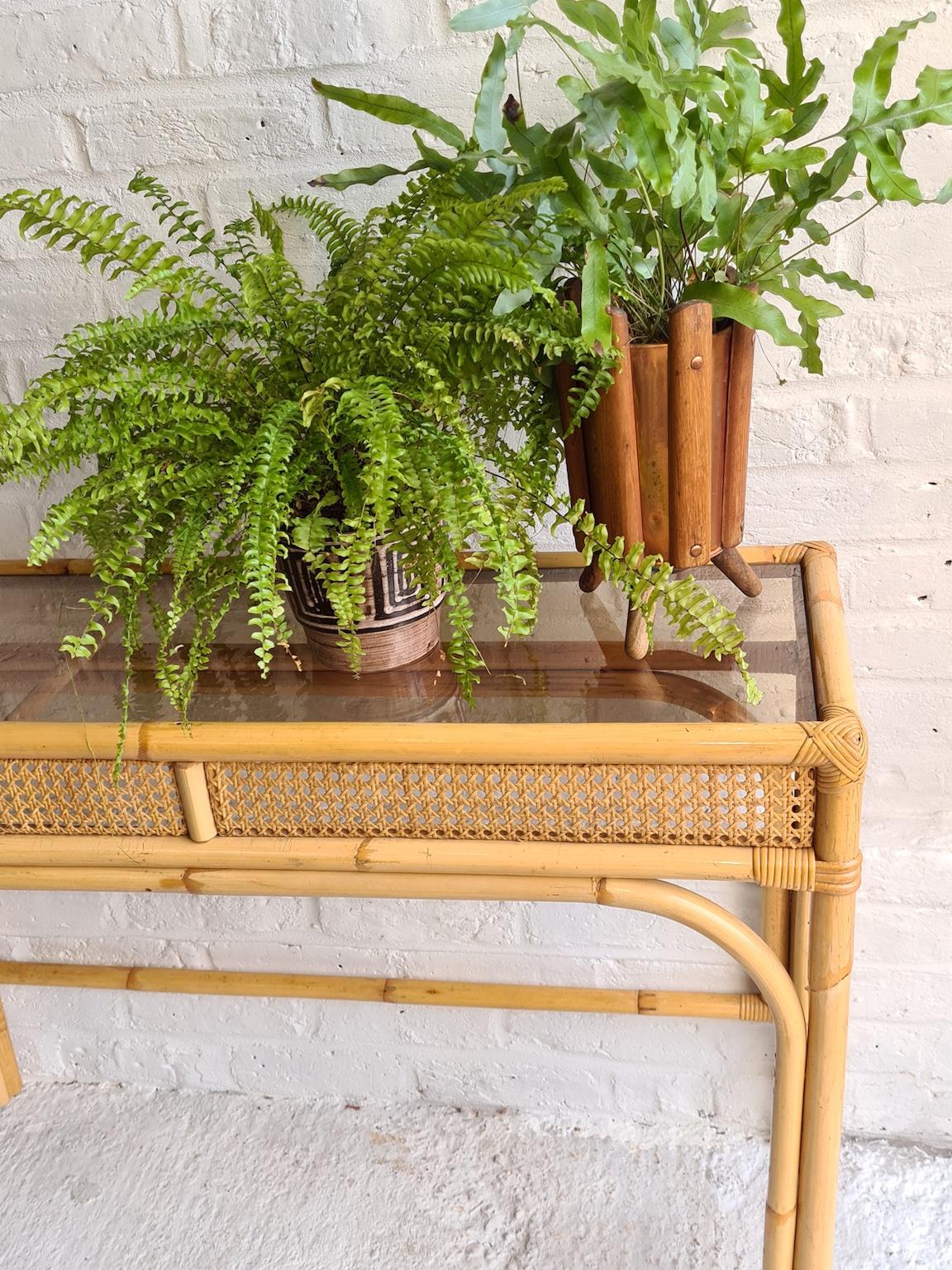Mid Century Rattan and Bamboo Console Table with Glass Top, Italian, 1970s 6