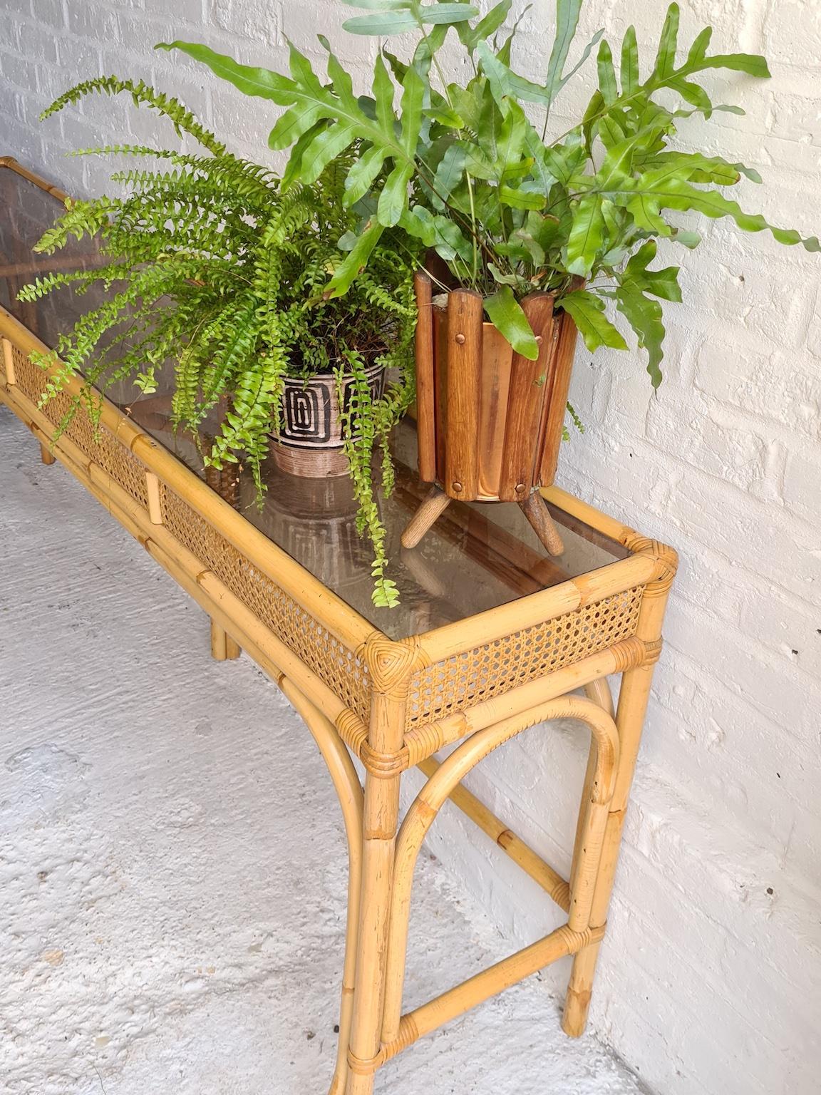 Mid Century Rattan and Bamboo Console Table with Glass Top, Italian, 1970s 7