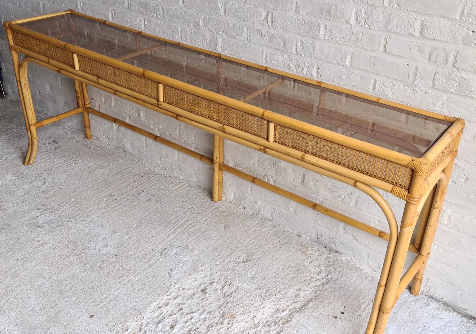Mid-Century Modern Mid Century Rattan and Bamboo Console Table with Glass Top, Italian, 1970s