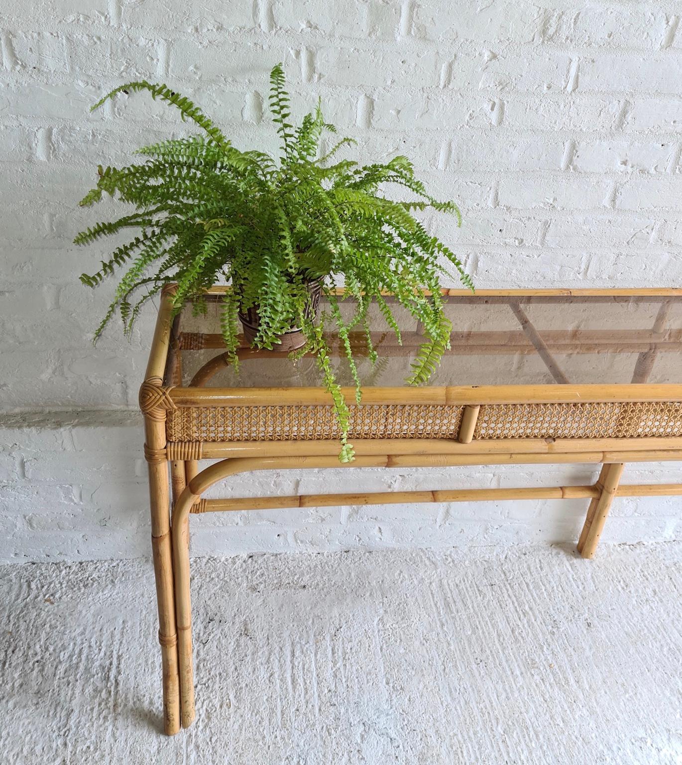 Mid Century Rattan and Bamboo Console Table with Glass Top, Italian, 1970s In Good Condition In Richmond, Surrey