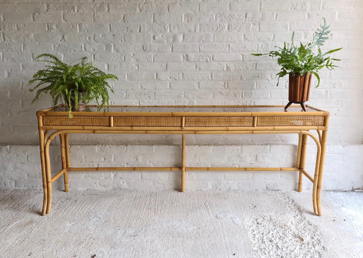 Late 20th Century Mid Century Rattan and Bamboo Console Table with Glass Top, Italian, 1970s
