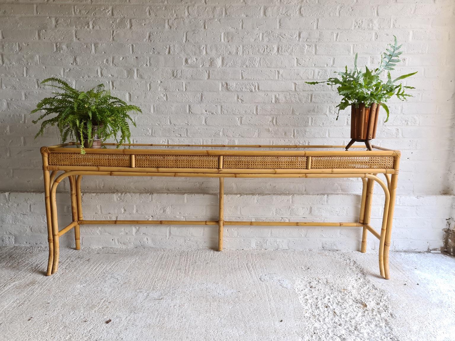 Mid Century Rattan and Bamboo Console Table with Glass Top, Italian, 1970s 1