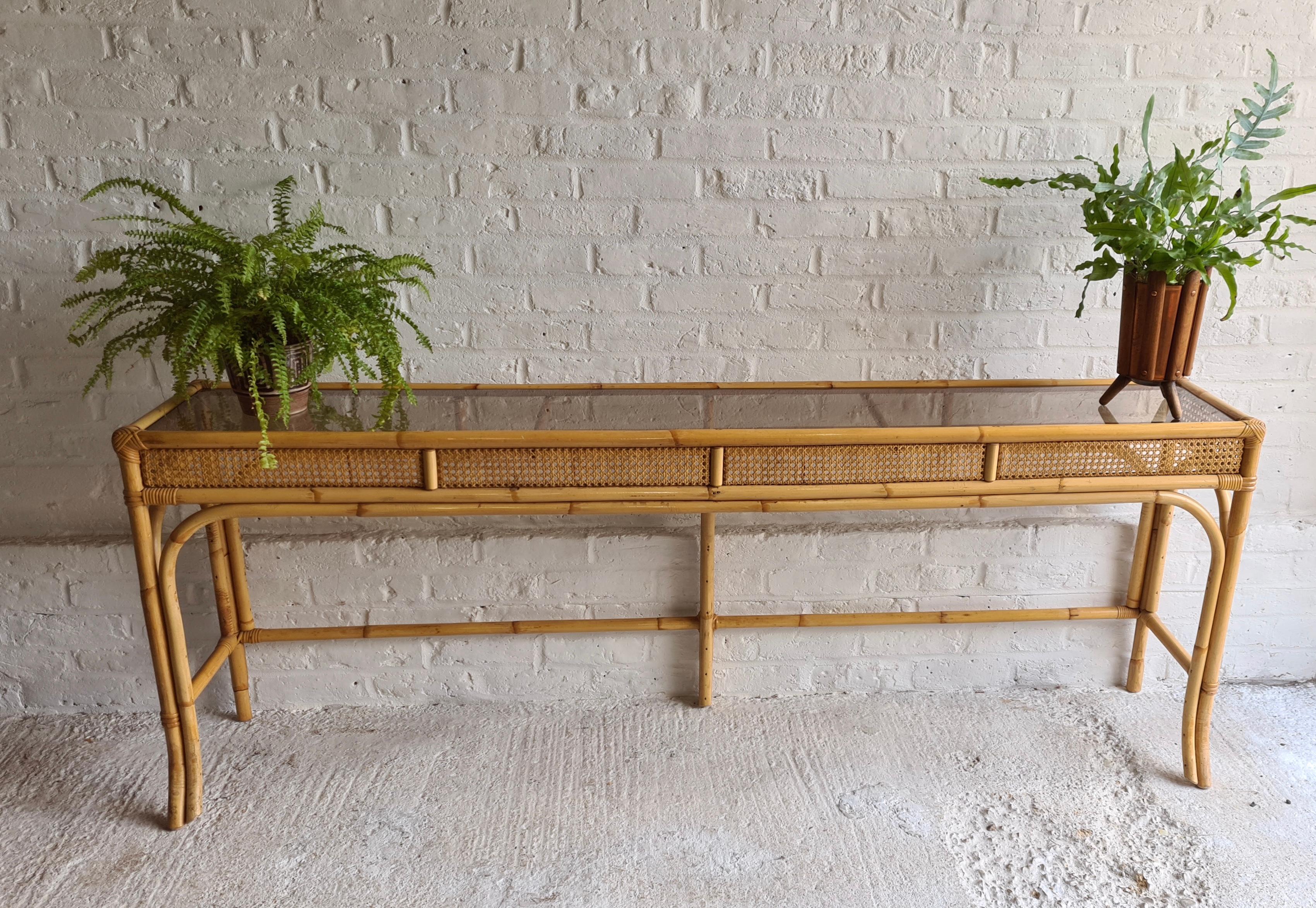 Mid Century Rattan and Bamboo Console Table with Glass Top, Italian, 1970s 2