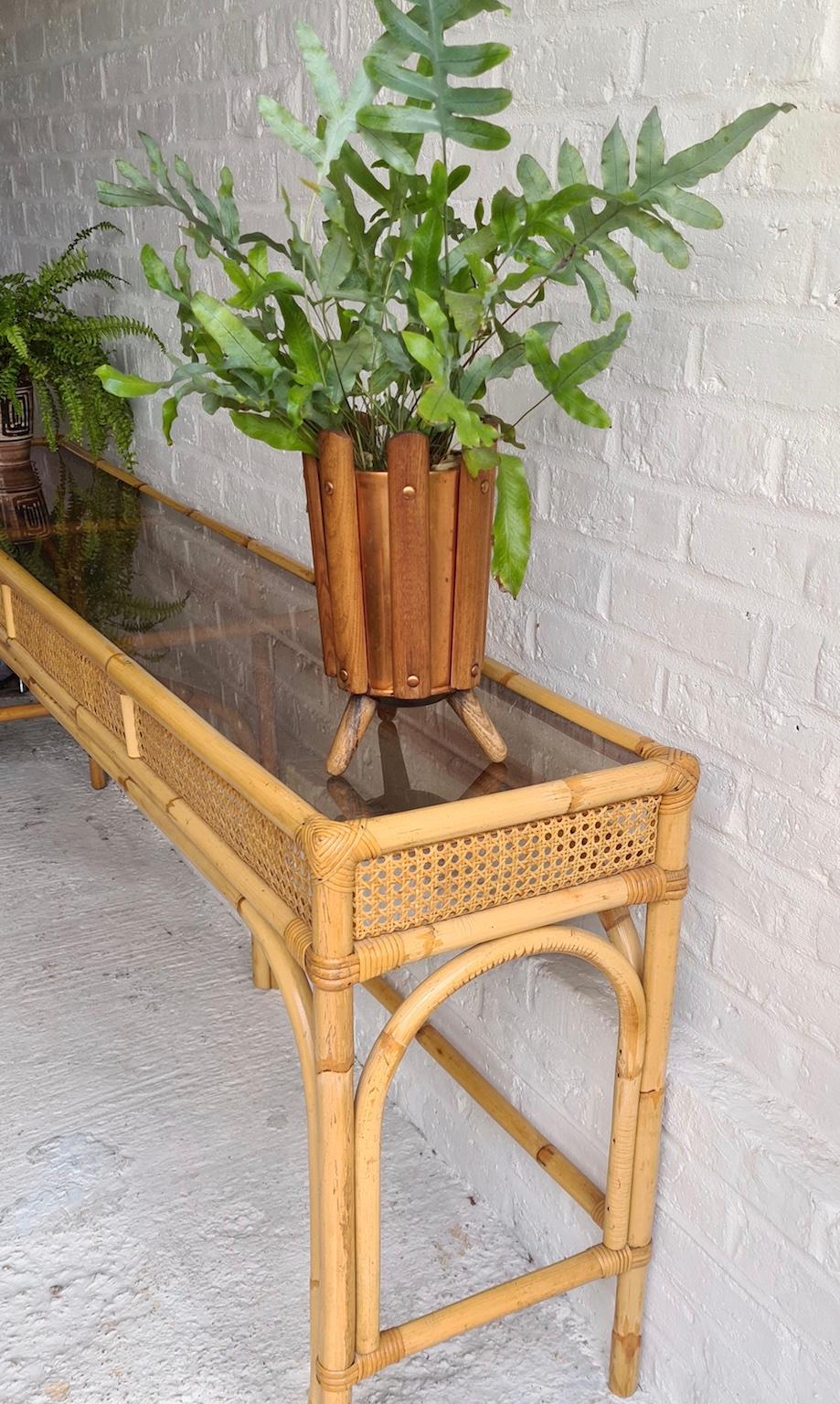 Mid Century Rattan and Bamboo Console Table with Glass Top, Italian, 1970s 3