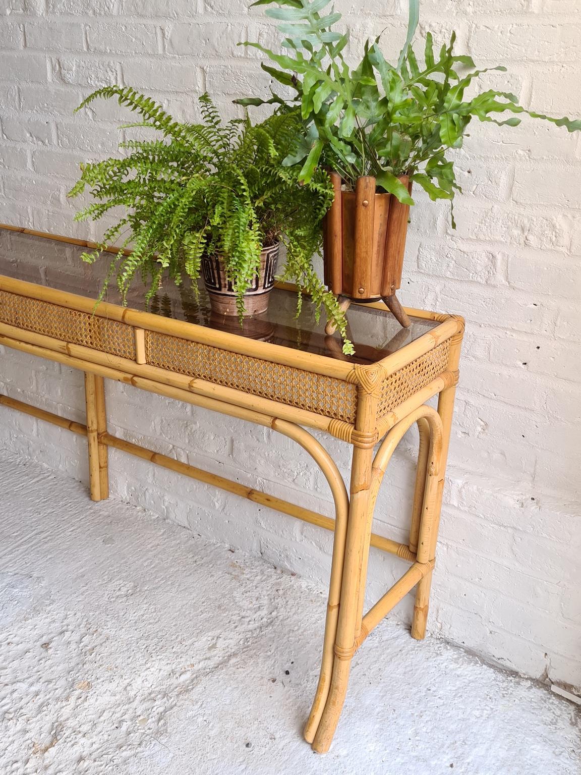Mid Century Rattan and Bamboo Console Table with Glass Top, Italian, 1970s 4