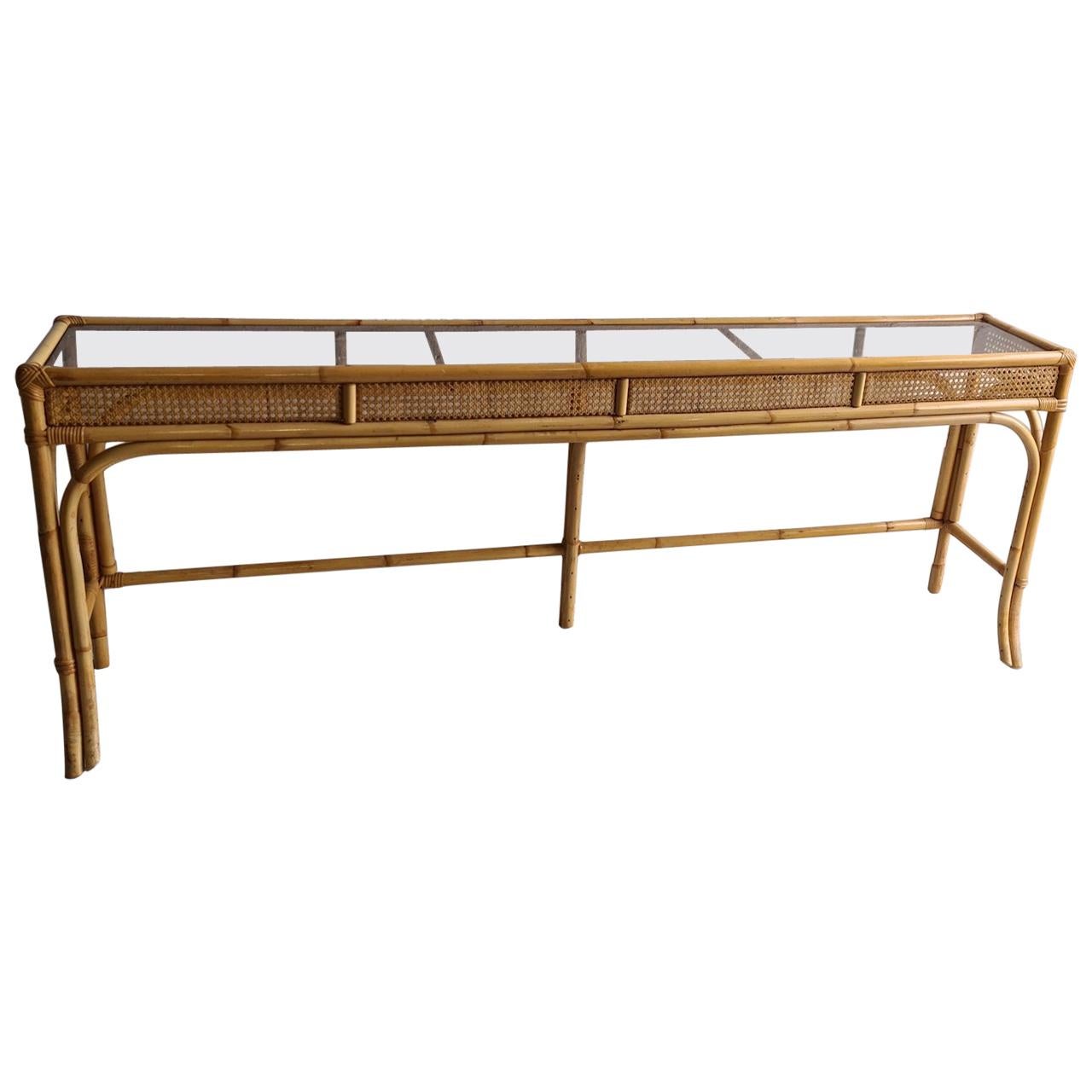 Mid Century Rattan and Bamboo Console Table with Glass Top, Italian, 1970s