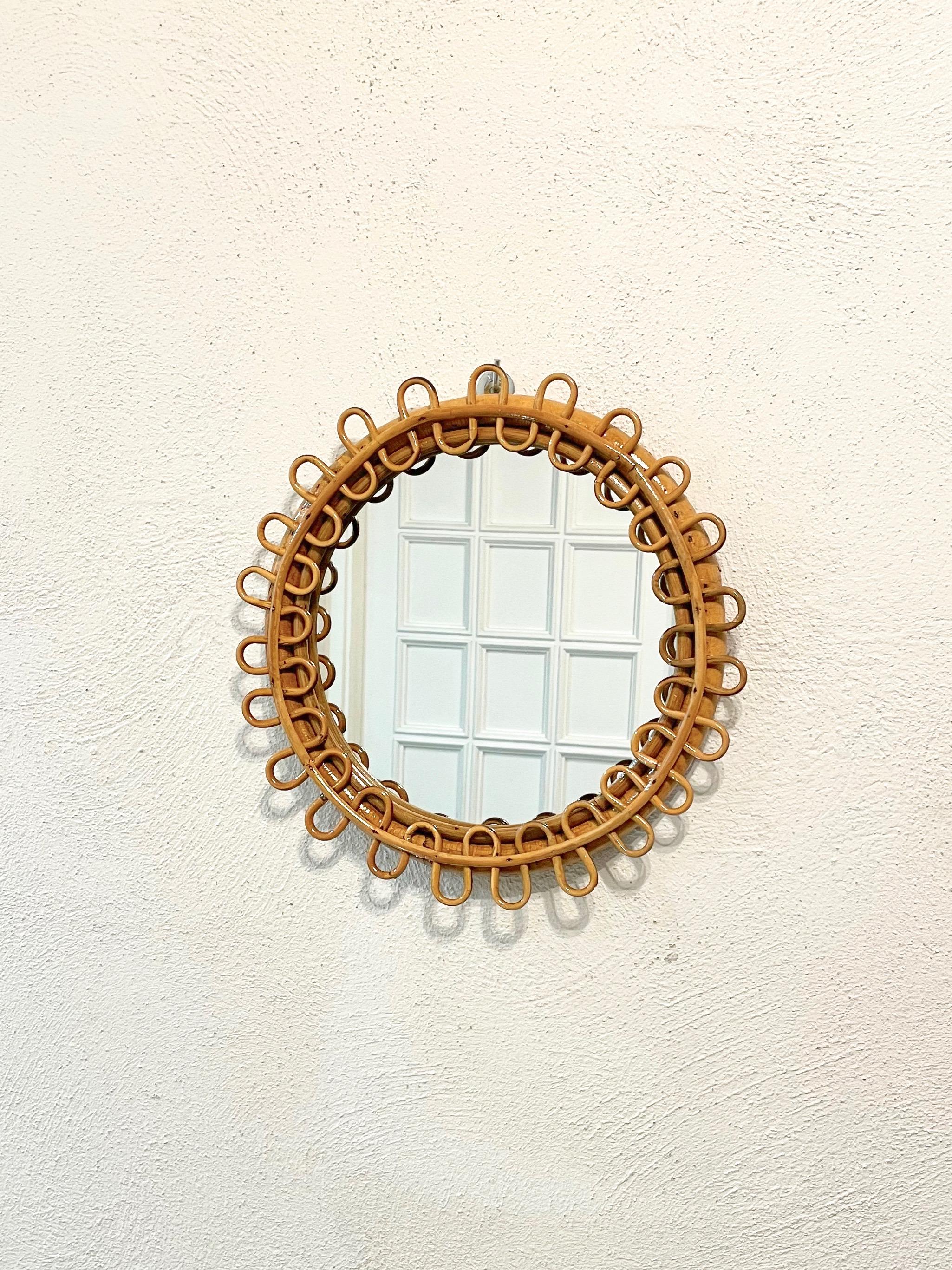 Italian Mid-Century Rattan & Bamboo Little Round Wall Mirror, Italy 1960s