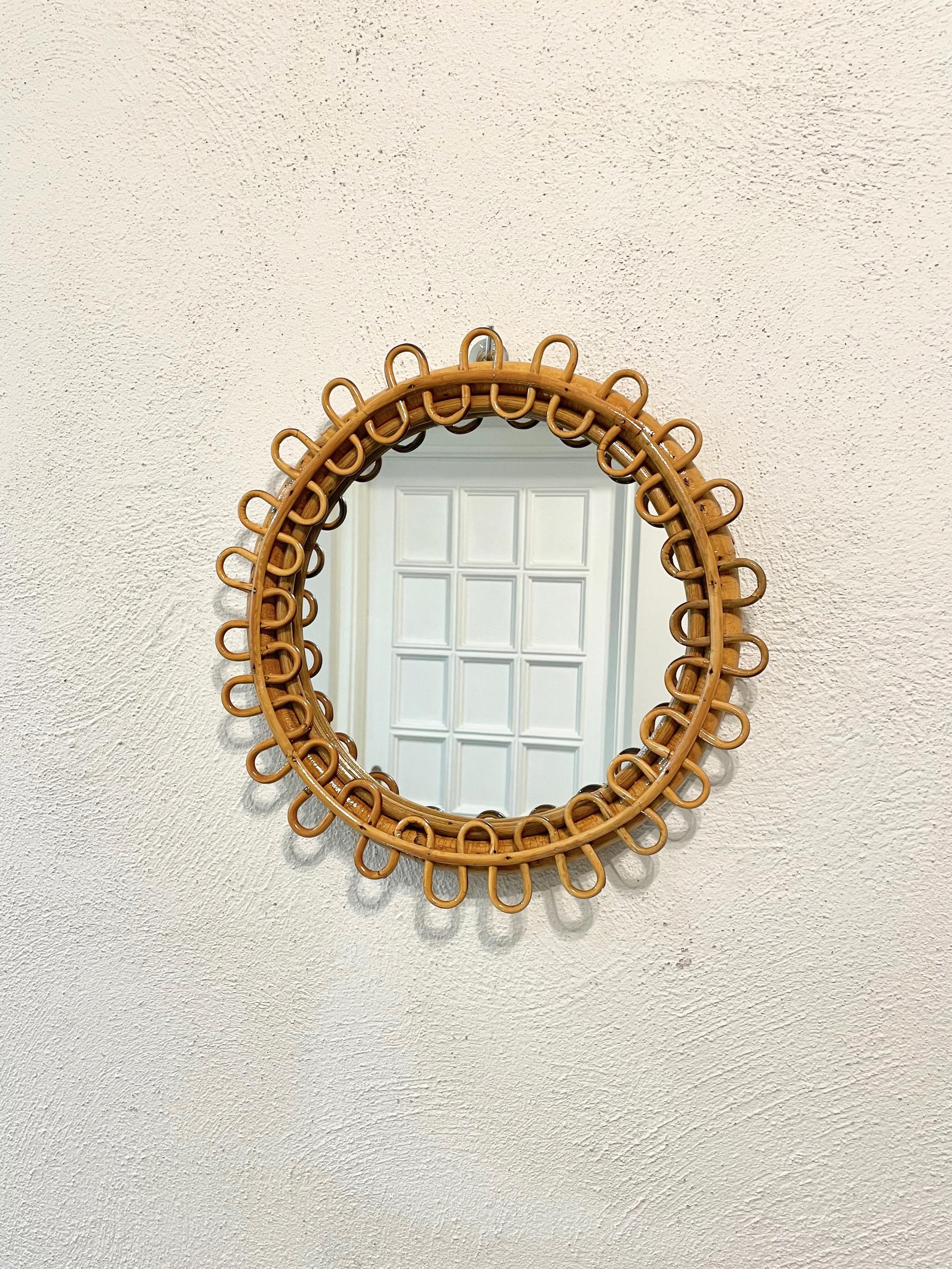 Mid-Century Rattan & Bamboo Little Round Wall Mirror, Italy 1960s 2
