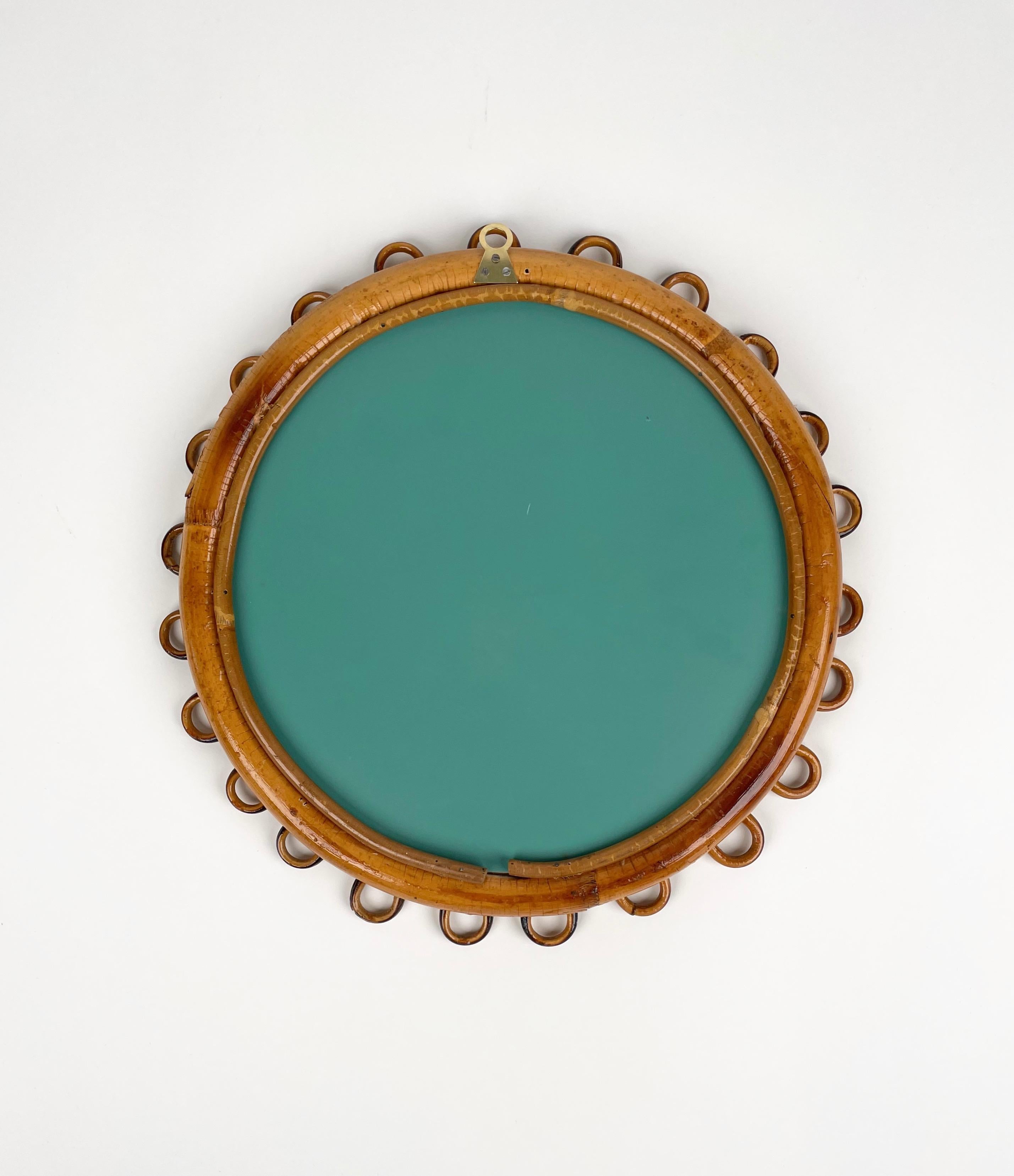 Mid-Century Rattan & Bamboo Little Round Wall Mirror, Italy 1960s 3