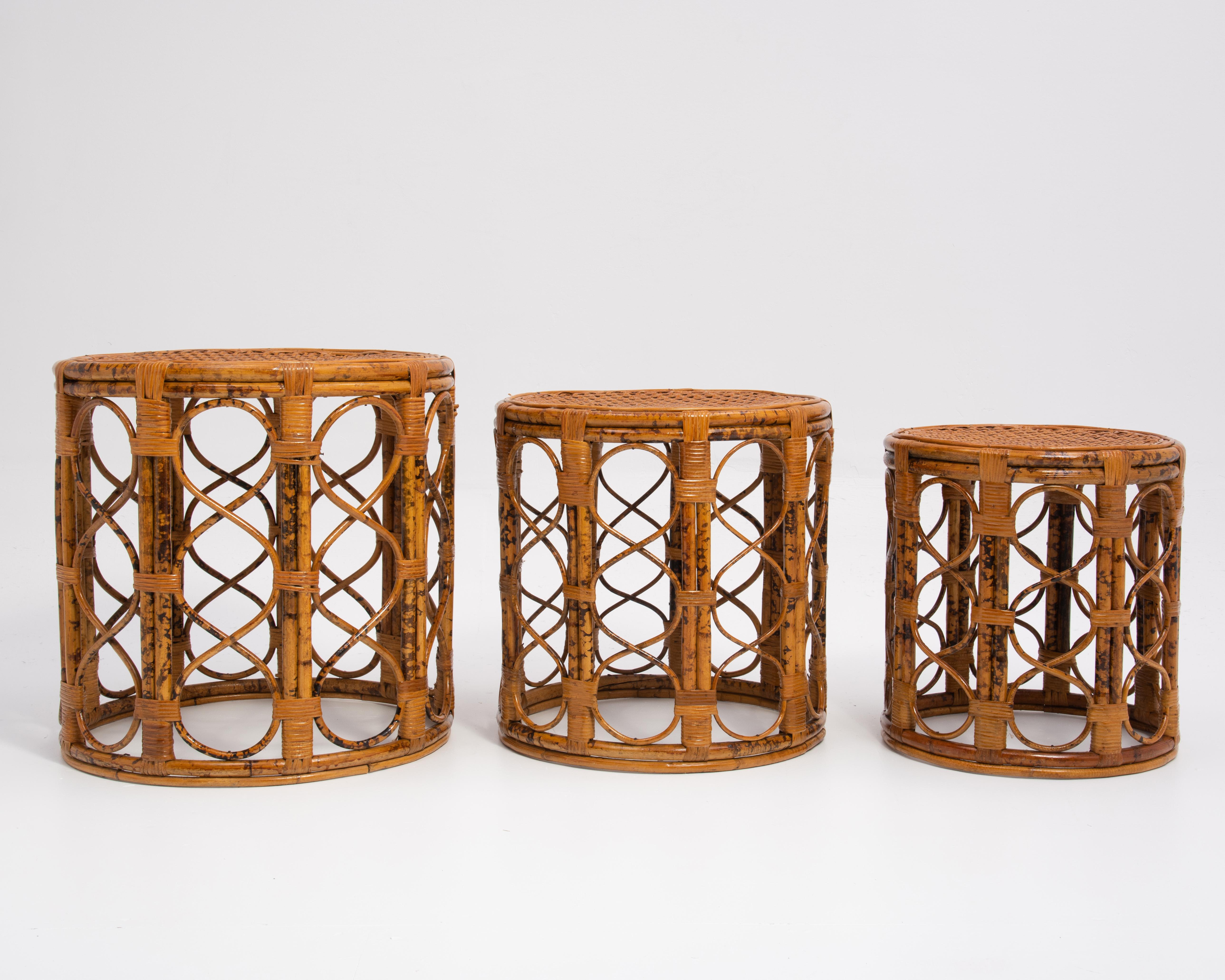 Unknown Mid-Century Rattan Bamboo Nesting Tables Tortoise Shell Scorched Brunt Finish