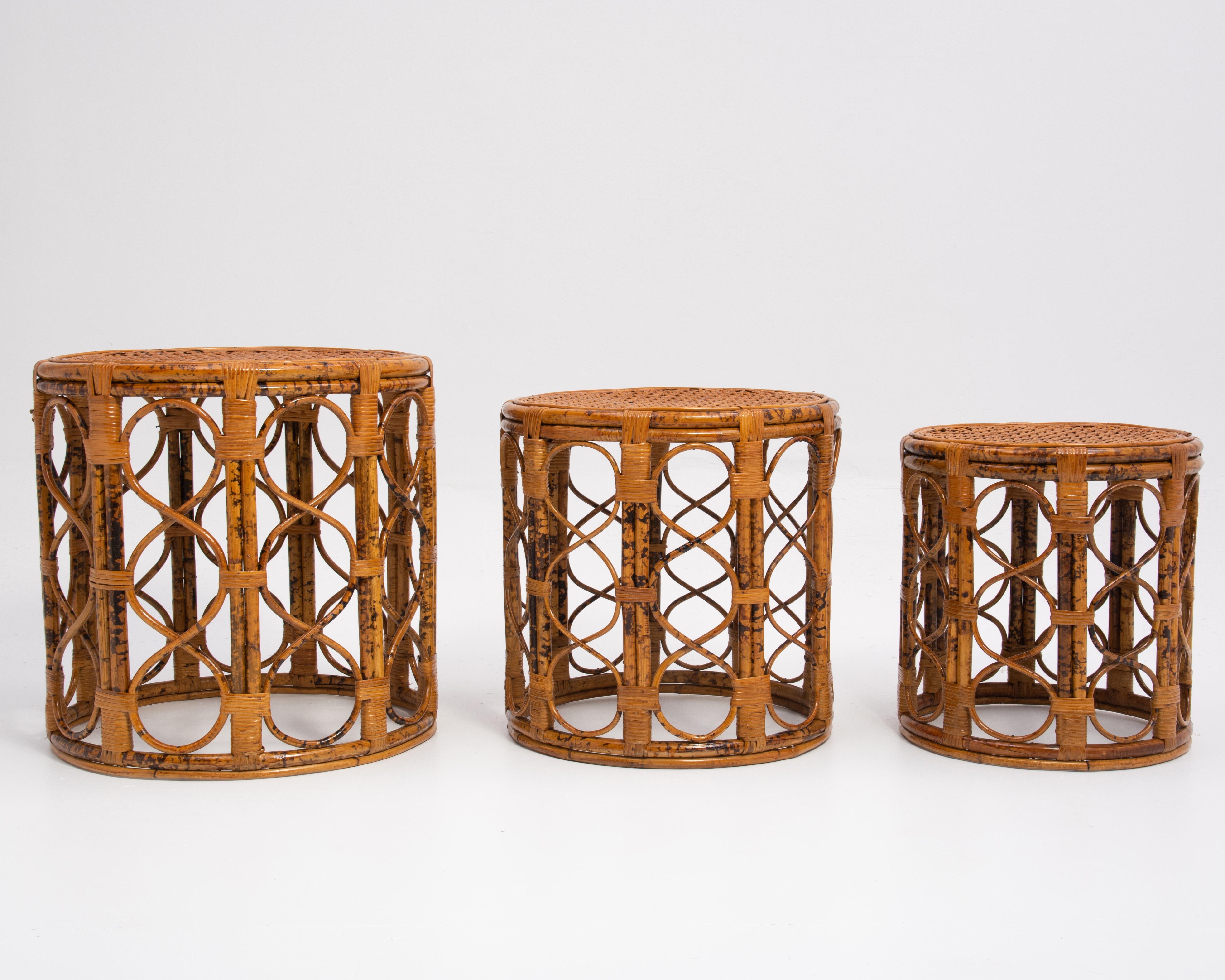 Mid-20th Century Mid-Century Rattan Bamboo Nesting Tables Tortoise Shell Scorched Brunt Finish