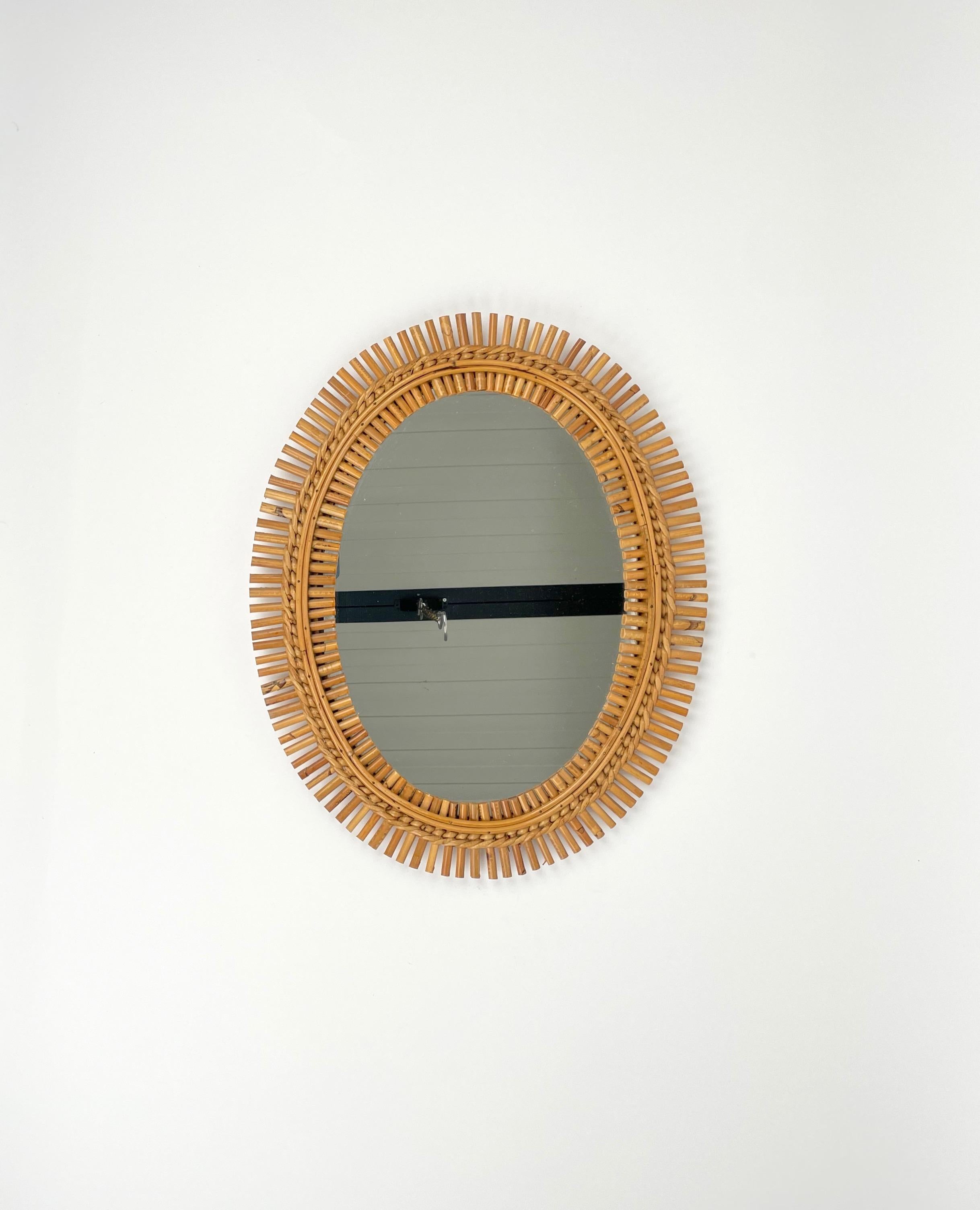 Mid-Century Modern Mid-Century Rattan & Bamboo Oval Wall Mirror, Italy, 1960s