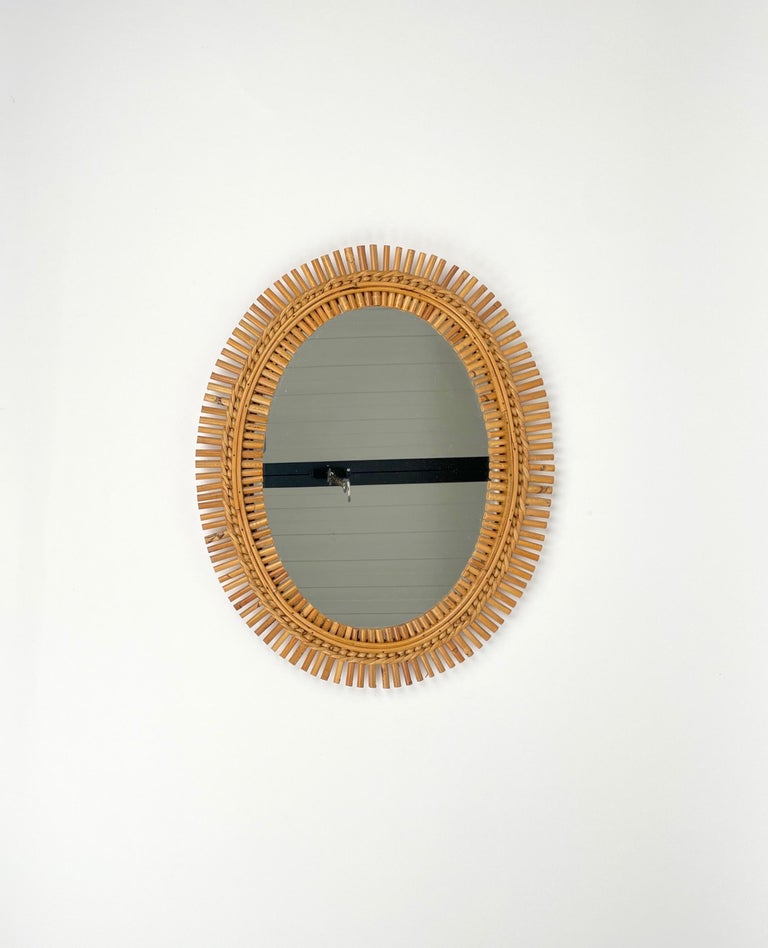 Mid-Century Modern Mid-Century Rattan & Bamboo Oval Wall Mirror, Italy, 1960s For Sale