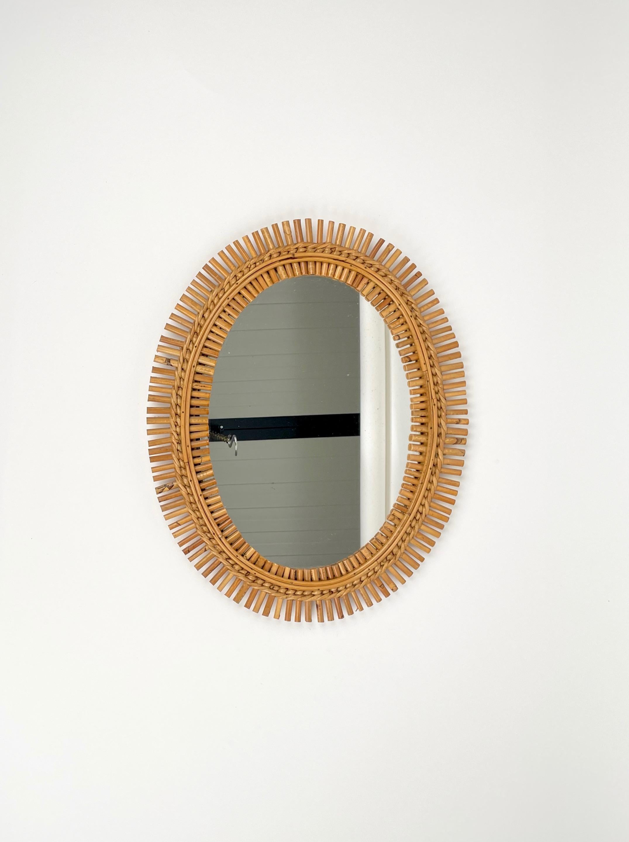 Italian Mid-Century Rattan & Bamboo Oval Wall Mirror, Italy, 1960s