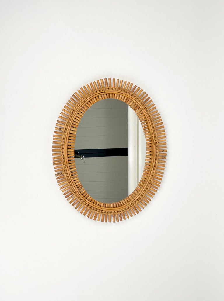 Italian Mid-Century Rattan & Bamboo Oval Wall Mirror, Italy, 1960s For Sale