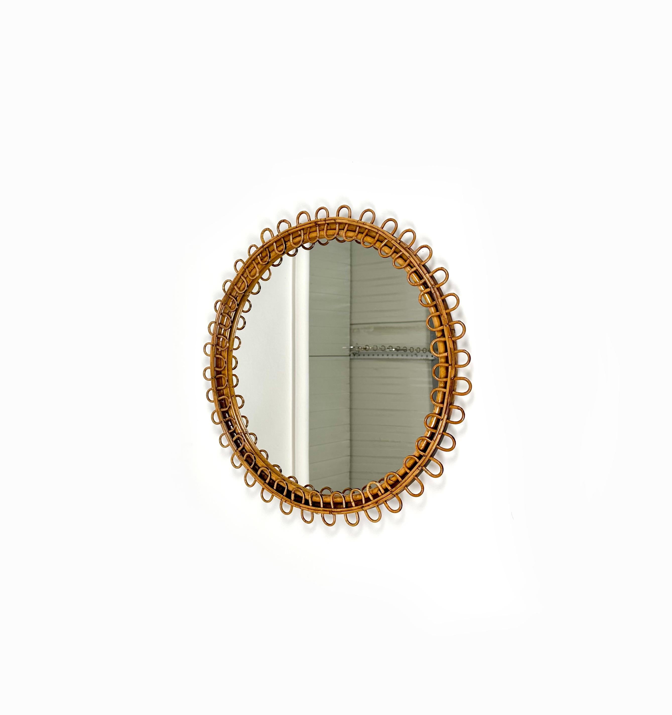 Mid-Century Modern Midcentury Rattan & Bamboo Round Wall Mirror Franco Albini Style, Italy, 1960s