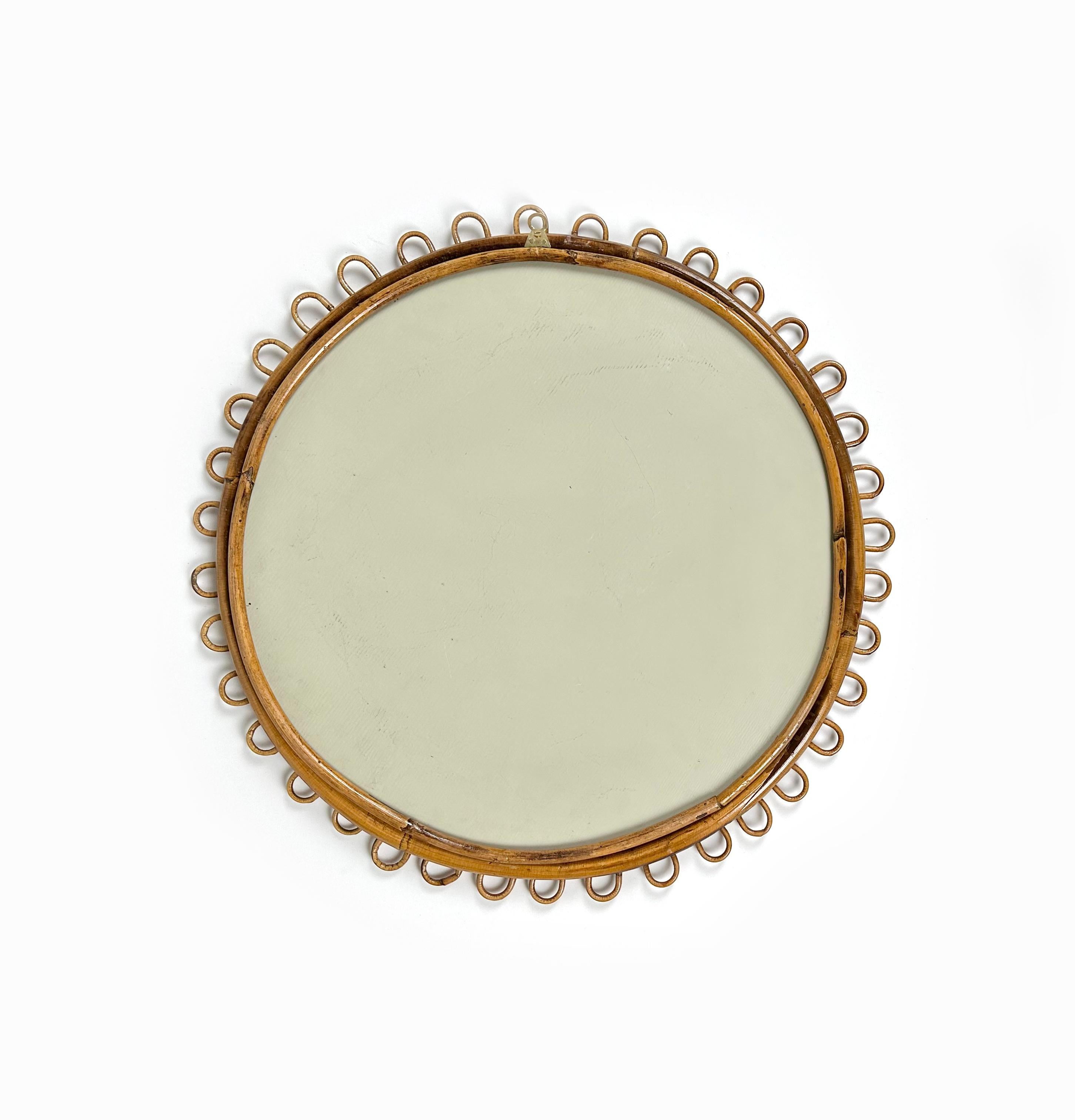 Midcentury Rattan & Bamboo Round Wall Mirror Franco Albini Style, Italy, 1960s 2