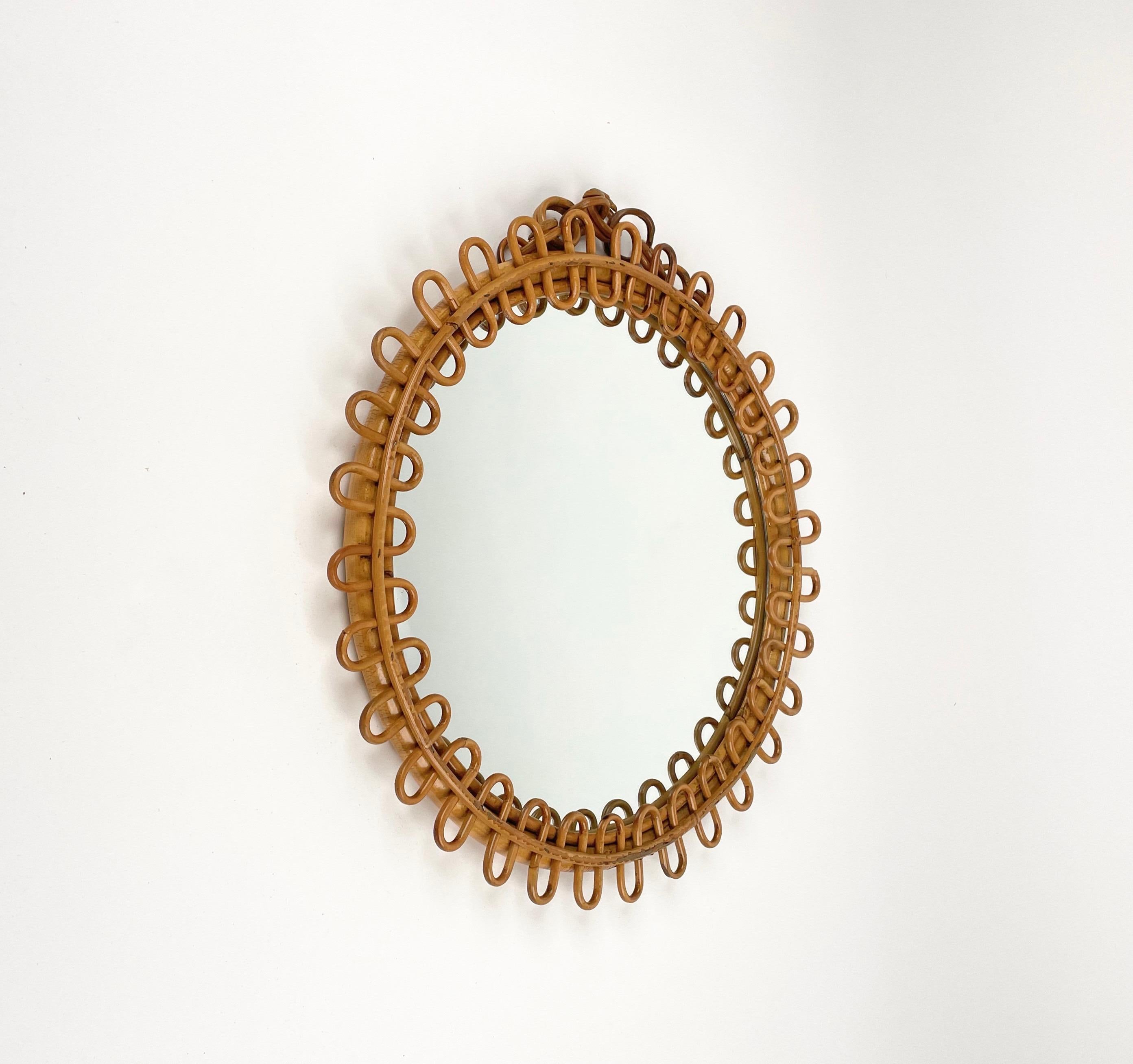 Mid-Century Modern Mid-Century Rattan & Bamboo Round Wall Mirror, Italy 1960s For Sale