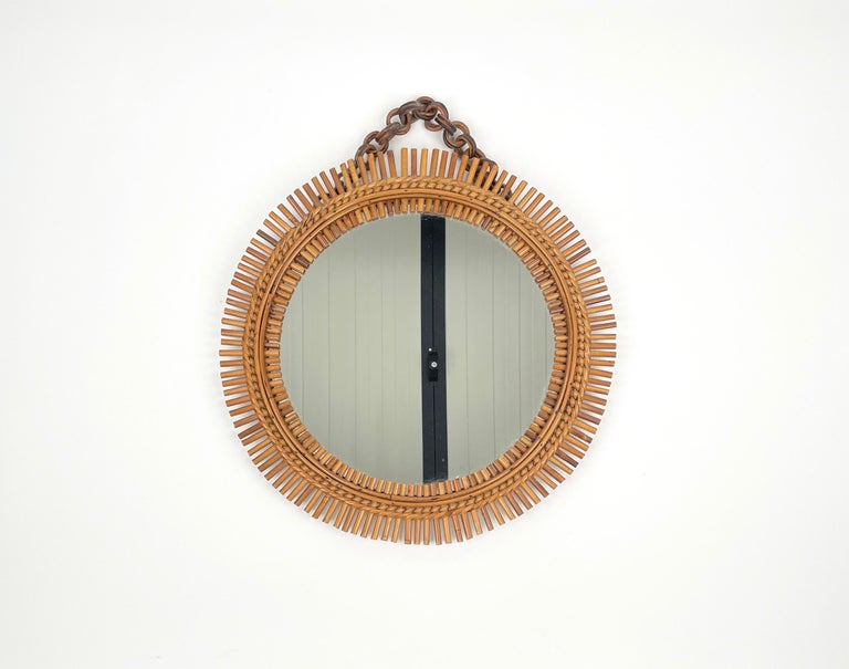 Italian Mid-Century Rattan & Bamboo Round Wall Mirror, Italy 1960s