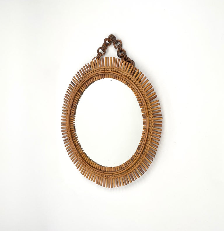 Mid-Century Rattan & Bamboo Round Wall Mirror, Italy 1960s In Good Condition In Rome, IT