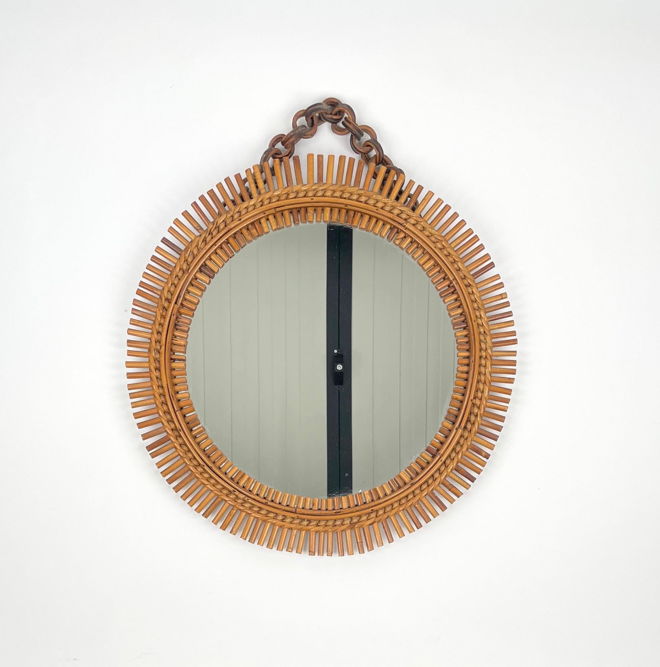 Mid-20th Century Mid-Century Rattan & Bamboo Round Wall Mirror, Italy 1960s